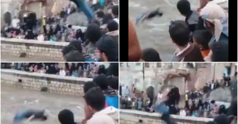 شاهد  : مشهد يحبس الانفاس .. بالفيديو شباب يمنيون يتقافزون بشكل جنوني الى وسط سيل جرار !!