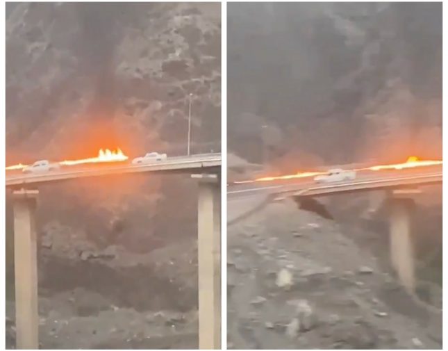 شاهد بالفيديو: أحد أكبر الجسور في السعودية يتحول الى كتلة نيران